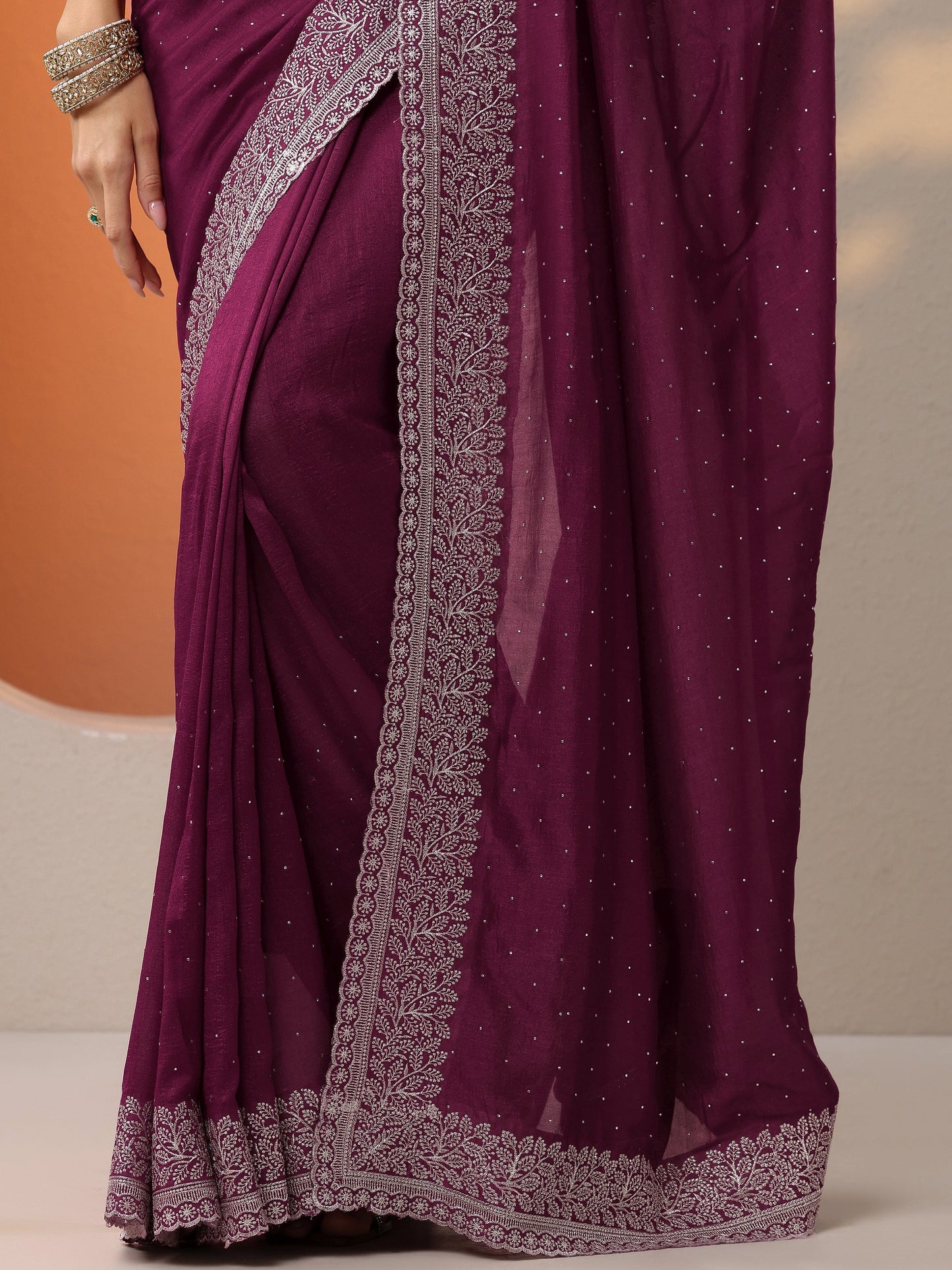 Burgundy Embellished Silk Blend Saree With Unstitched Blouse Piece