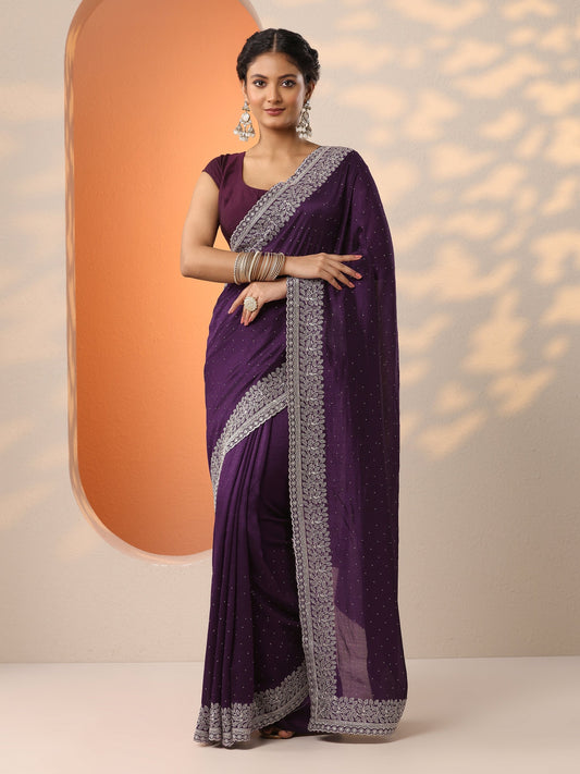 Purple Embellished Silk Blend Saree With Unstitched Blouse Piece