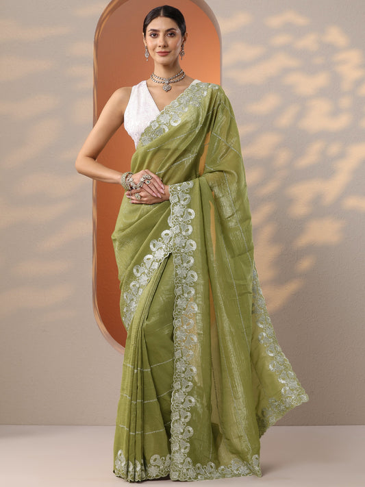 Green Embellished Chinon Saree With Unstitched Blouse Piece