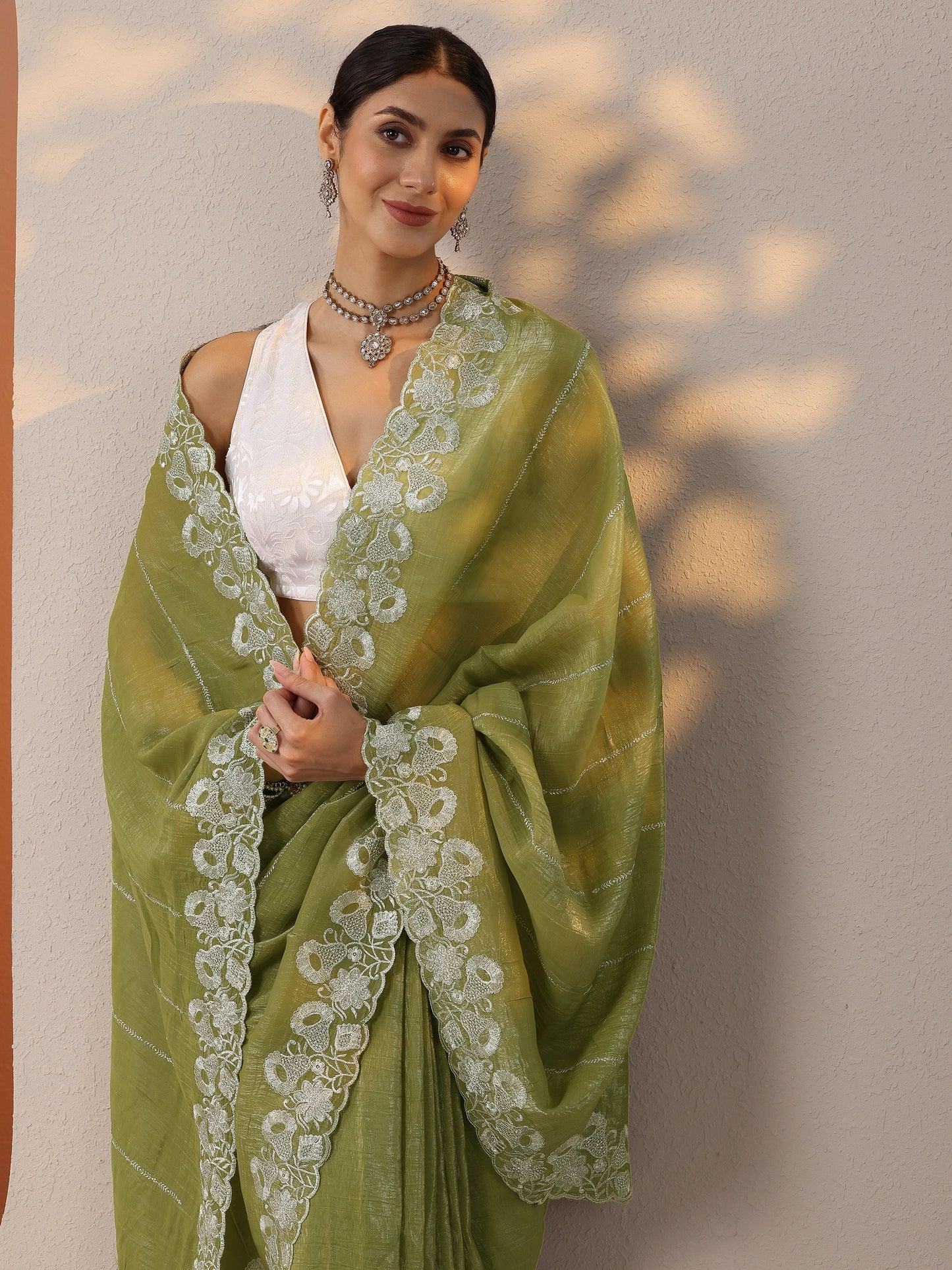 Green Embellished Chinon Saree With Unstitched Blouse Piece