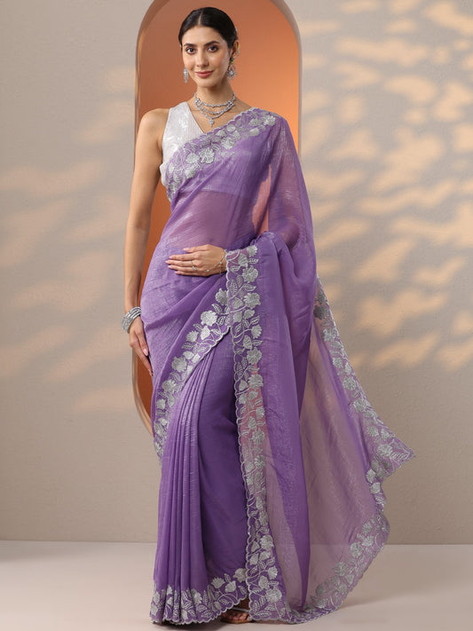 Lavender Embellished Chinon Saree With Unstitched Blouse Piece