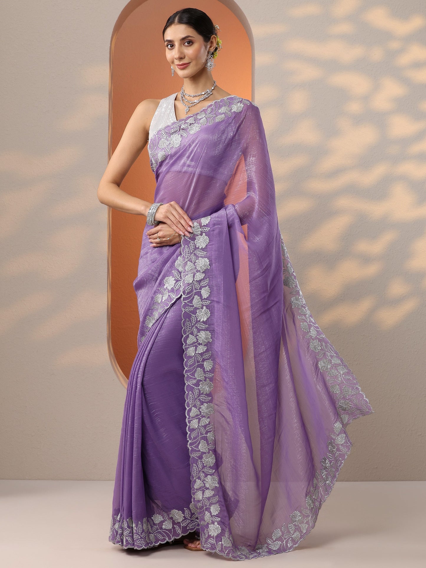 Lavender Embellished Chinon Saree With Unstitched Blouse Piece