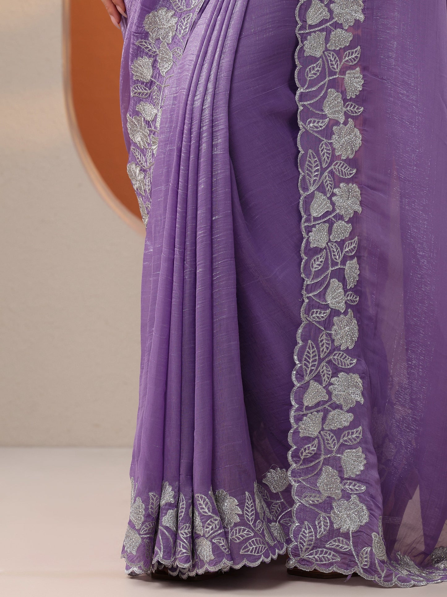 Lavender Embellished Chinon Saree With Unstitched Blouse Piece