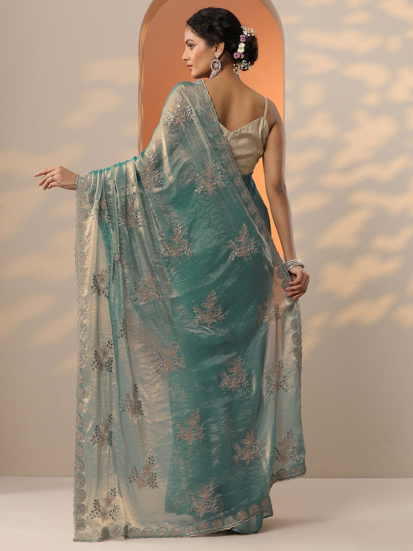 Teal Embroidered Organza Saree With Unstitched Blouse Piece