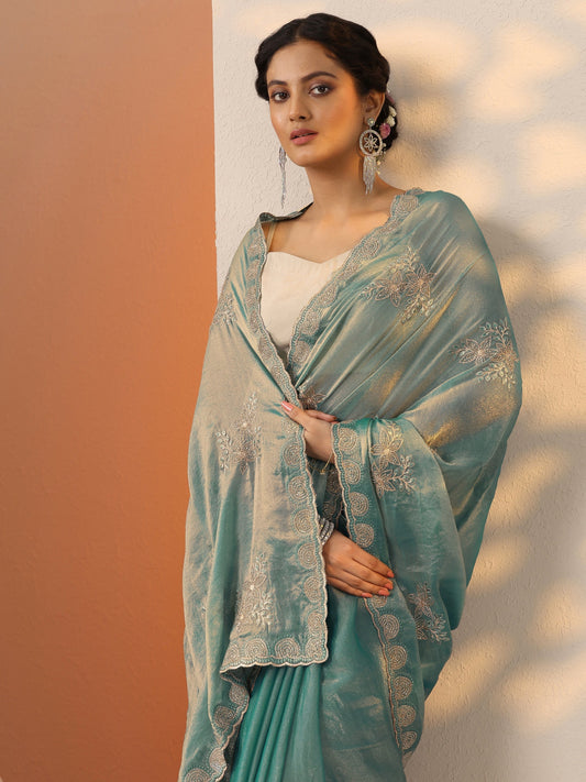 Teal Embroidered Organza Saree With Unstitched Blouse Piece