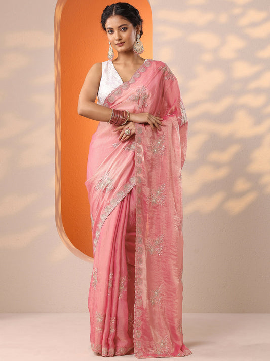 Pink Embroidered Organza Saree With Unstitched Blouse Piece