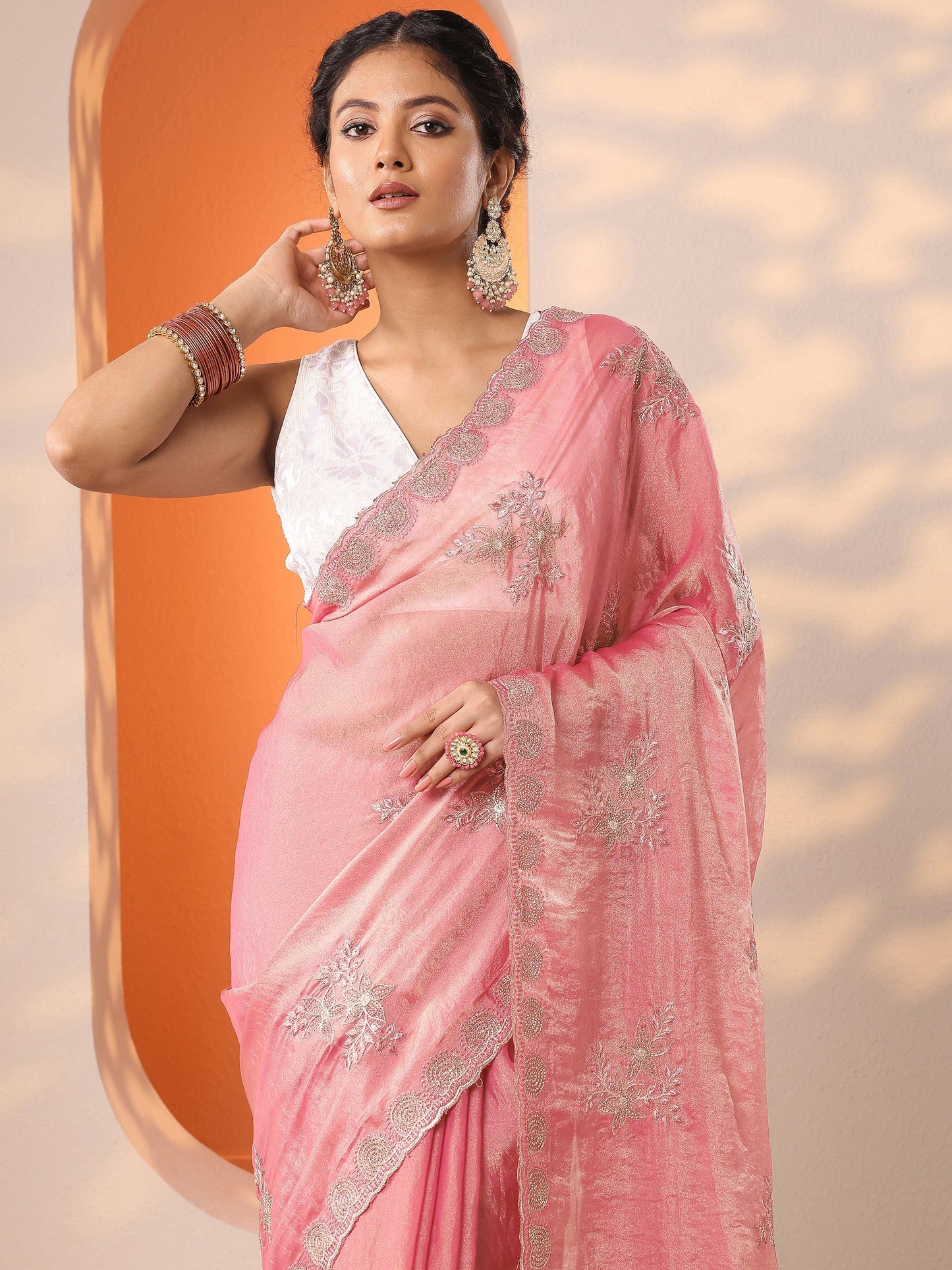 Pink Embroidered Organza Saree With Unstitched Blouse Piece