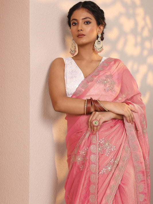 Pink Embroidered Organza Saree With Unstitched Blouse Piece