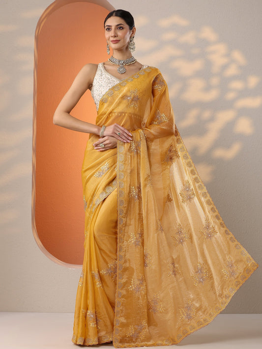 Mustard Embroidered Organza Saree With Unstitched Blouse Piece