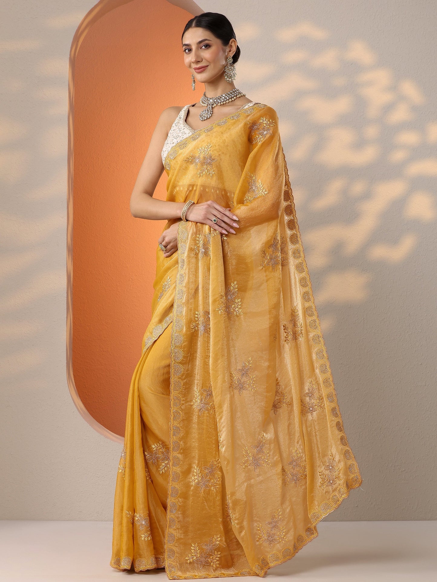 Mustard Embroidered Organza Saree With Unstitched Blouse Piece