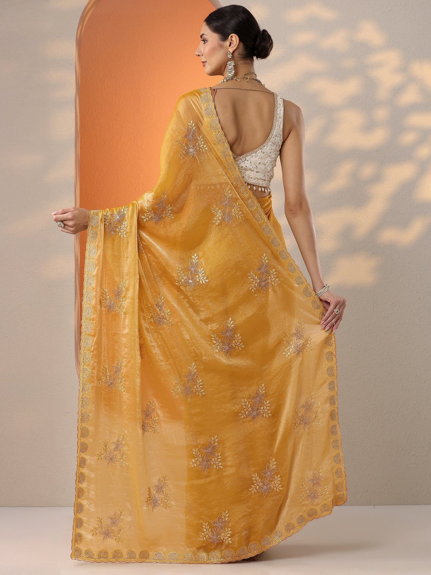 Mustard Embroidered Organza Saree With Unstitched Blouse Piece