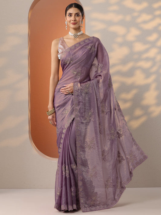 Purple Embroidered Organza Saree With Unstitched Blouse Piece