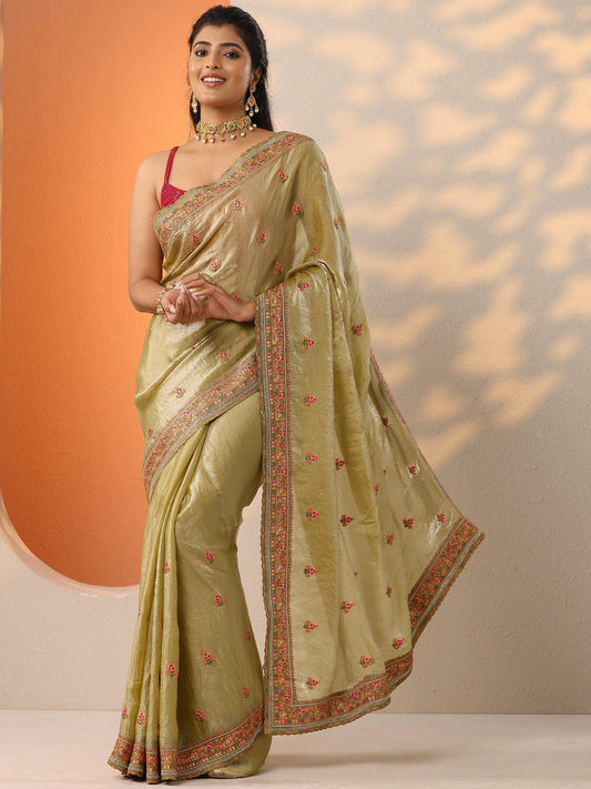 Green Embroidered Banarasi Organza Saree With Unstitched Blouse Piece