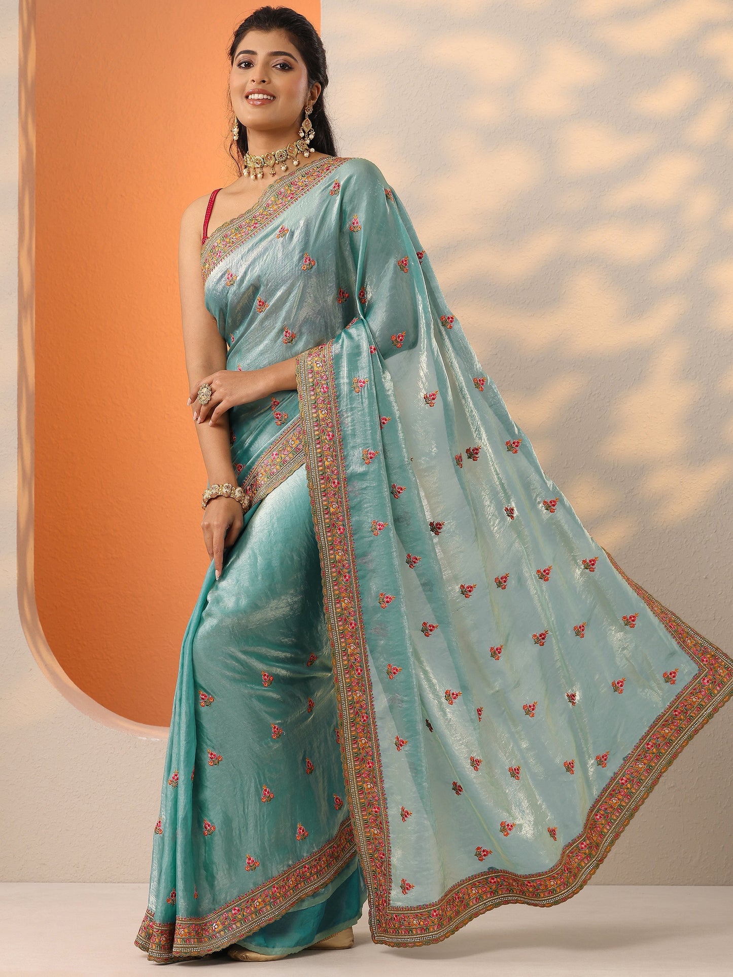 Blue Embroidered Organza Saree With Unstitched Blouse Piece