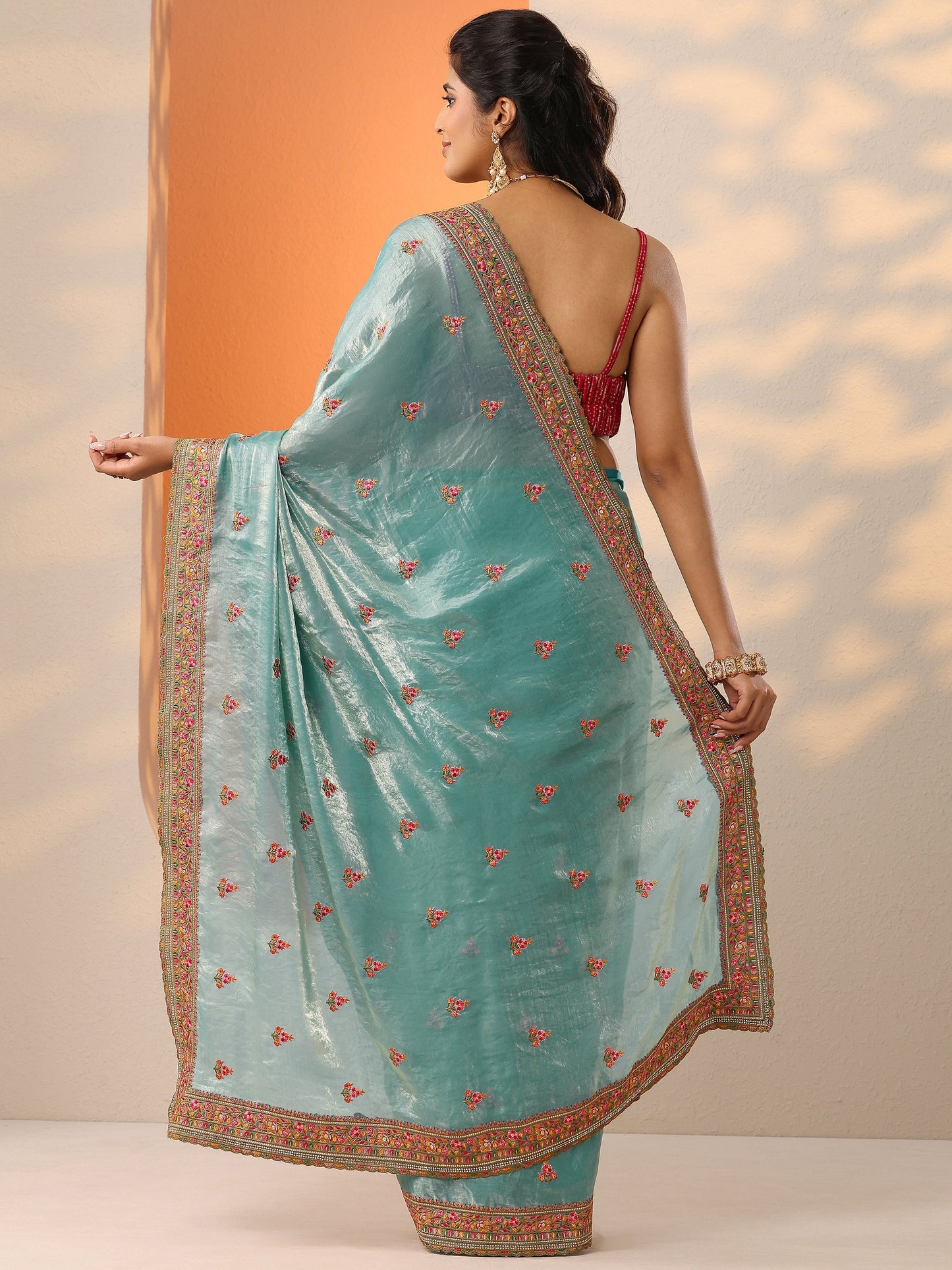 Blue Embroidered Organza Saree With Unstitched Blouse Piece