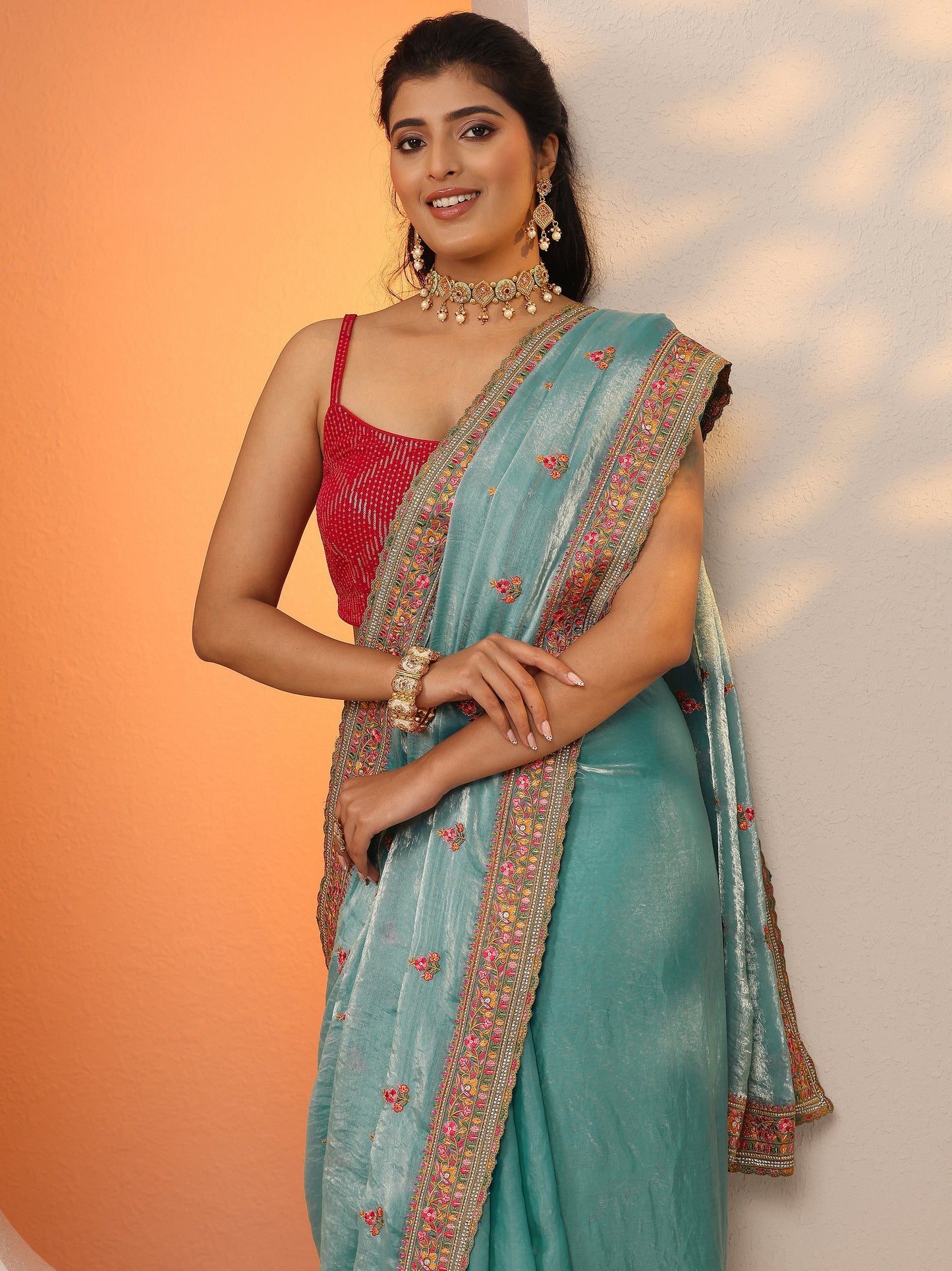 Blue Embroidered Organza Saree With Unstitched Blouse Piece