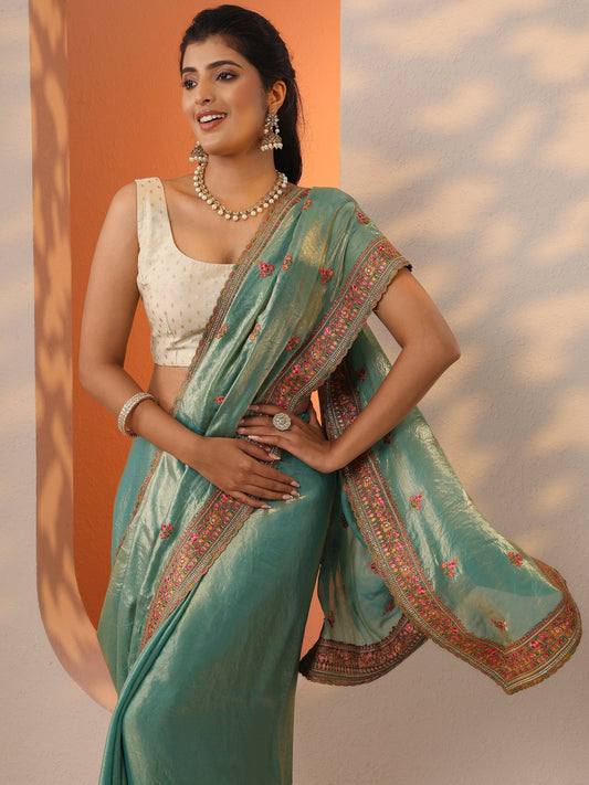 Green Embroidered Organza Saree With Unstitched Blouse Piece