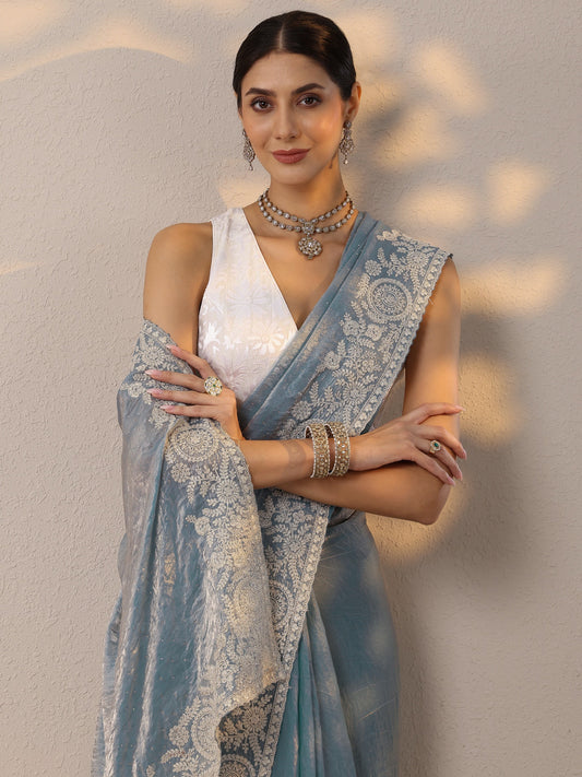 Blue Embellished Organza Saree With Unstitched Blouse Piece