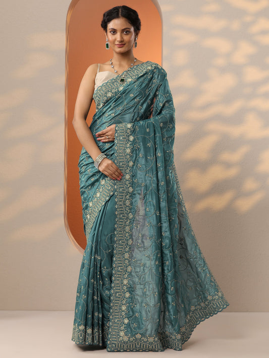 Blue Embroidered Organza Saree With Unstitched Blouse Piece