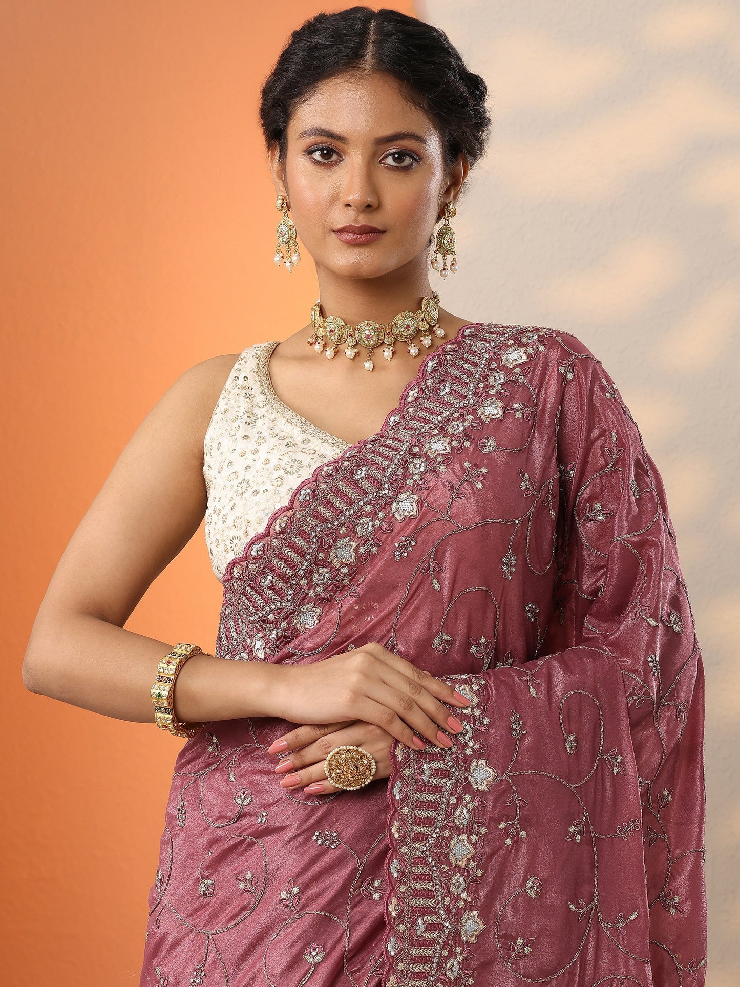 Mauve Embroidered Organza Saree With Unstitched Blouse Piece