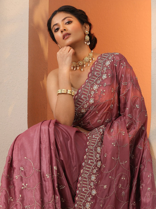 Mauve Embroidered Organza Saree With Unstitched Blouse Piece