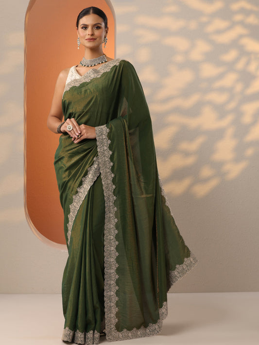 Green Solid Organza Saree With Unstitched Blouse Piece
