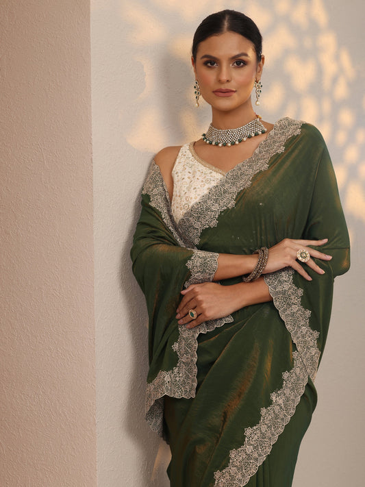 Green Solid Organza Saree With Unstitched Blouse Piece