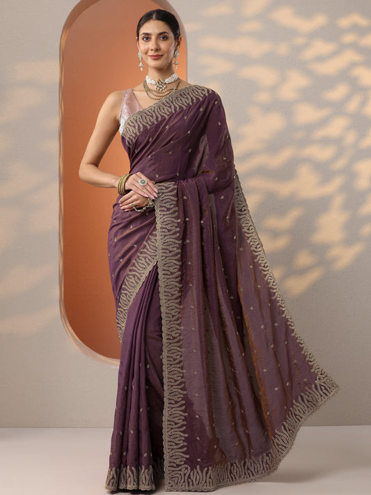 Purple Embellished Organza Saree With Unstitched Blouse Piece