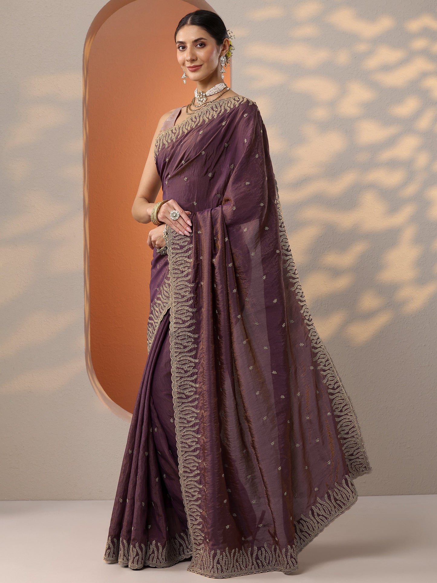 Purple Embellished Organza Saree With Unstitched Blouse Piece