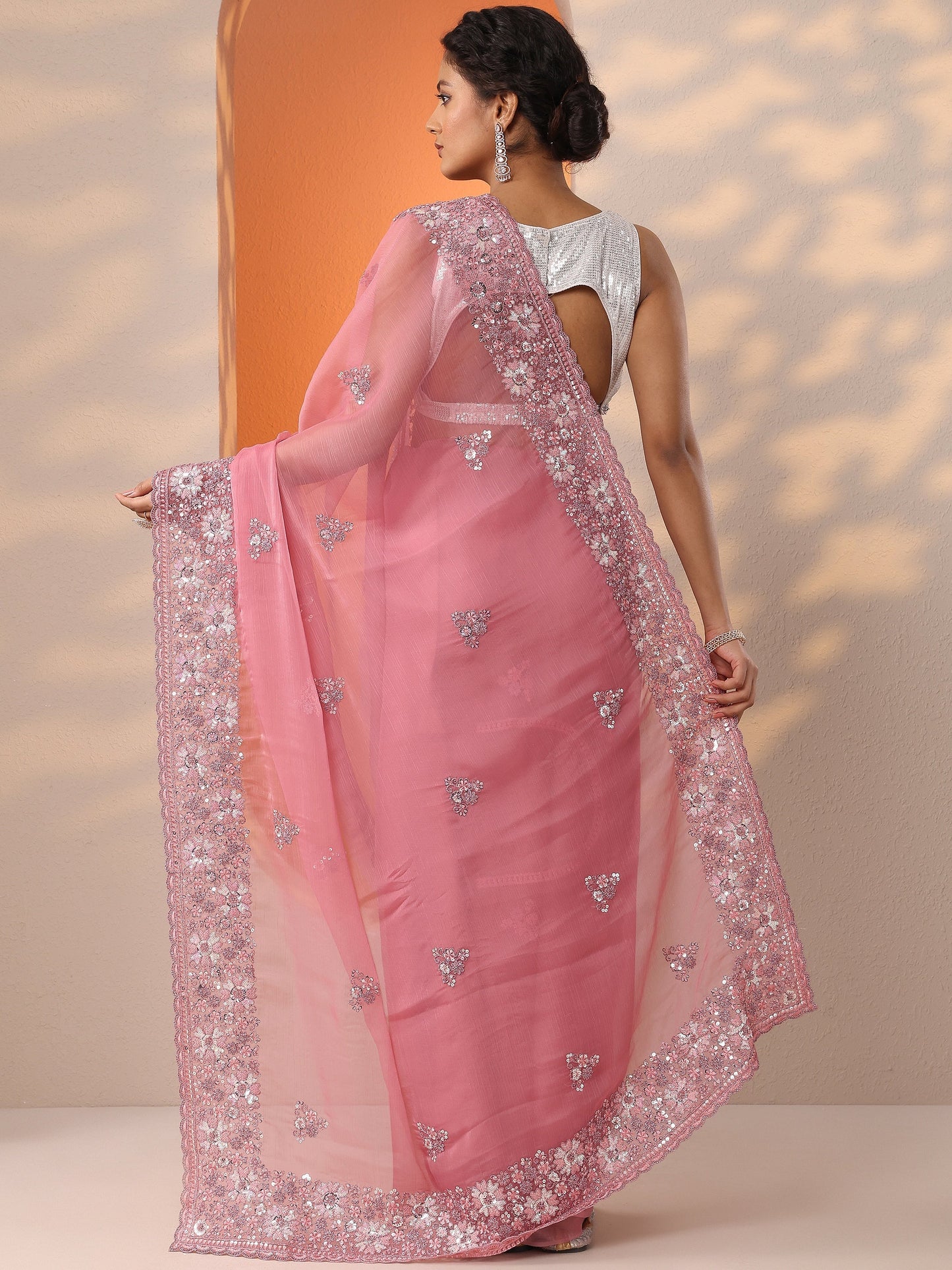 Pink Embroidered Chinon Saree With Unstitched Blouse Piece