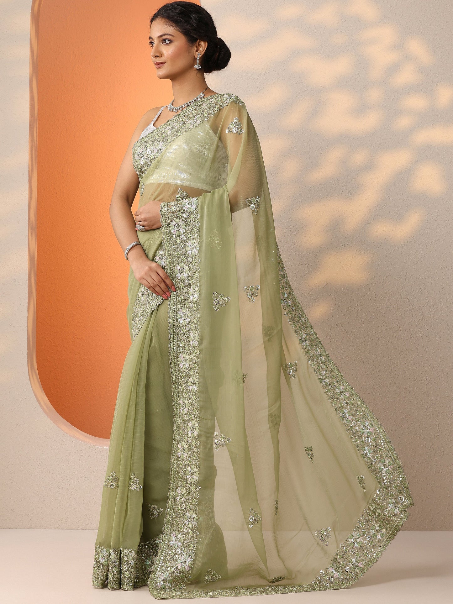 Green Embroidered Chinon Saree With Unstitched Blouse Piece