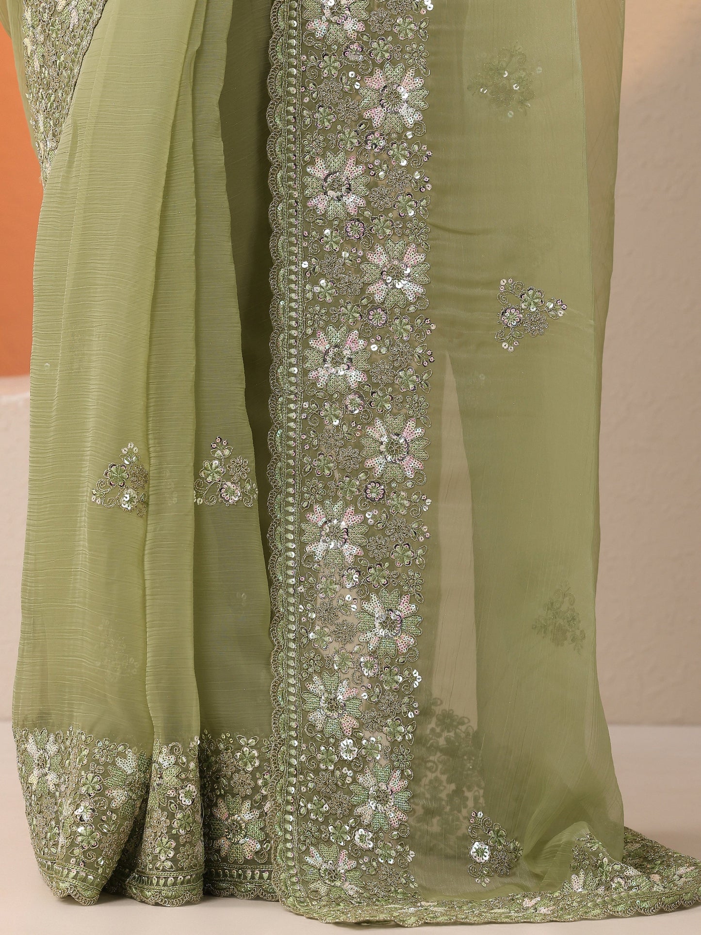 Green Embroidered Chinon Saree With Unstitched Blouse Piece