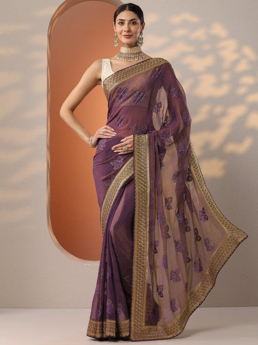 Purple Embroidered Chinon Saree With Unstitched Blouse Piece
