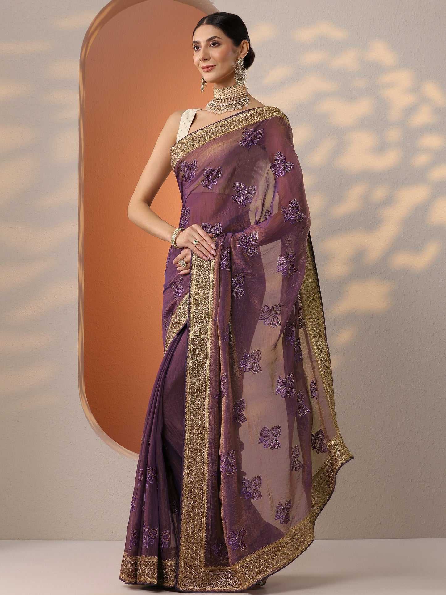 Purple Embroidered Chinon Saree With Unstitched Blouse Piece