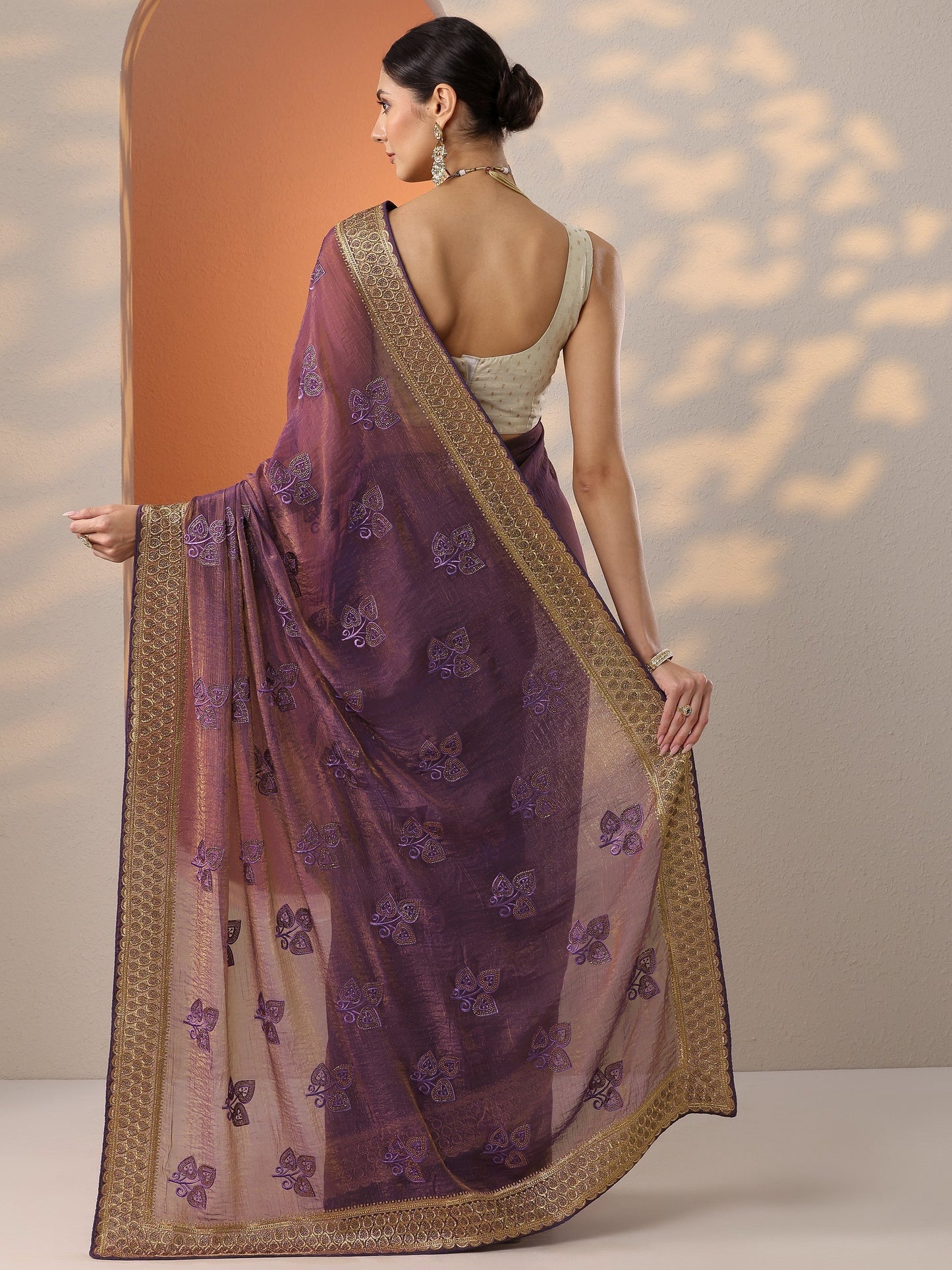 Purple Embroidered Chinon Saree With Unstitched Blouse Piece