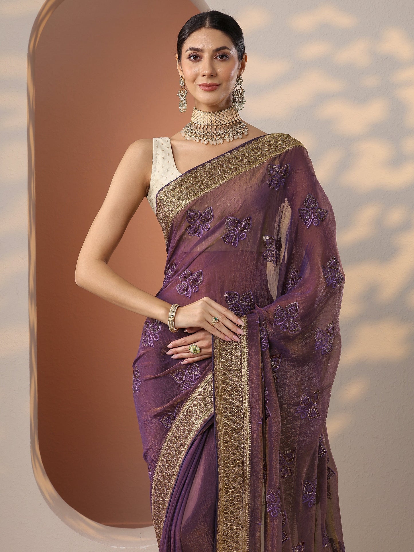 Purple Embroidered Chinon Saree With Unstitched Blouse Piece