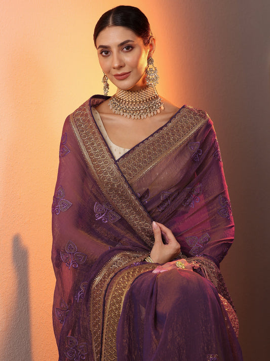 Purple Embroidered Chinon Saree With Unstitched Blouse Piece