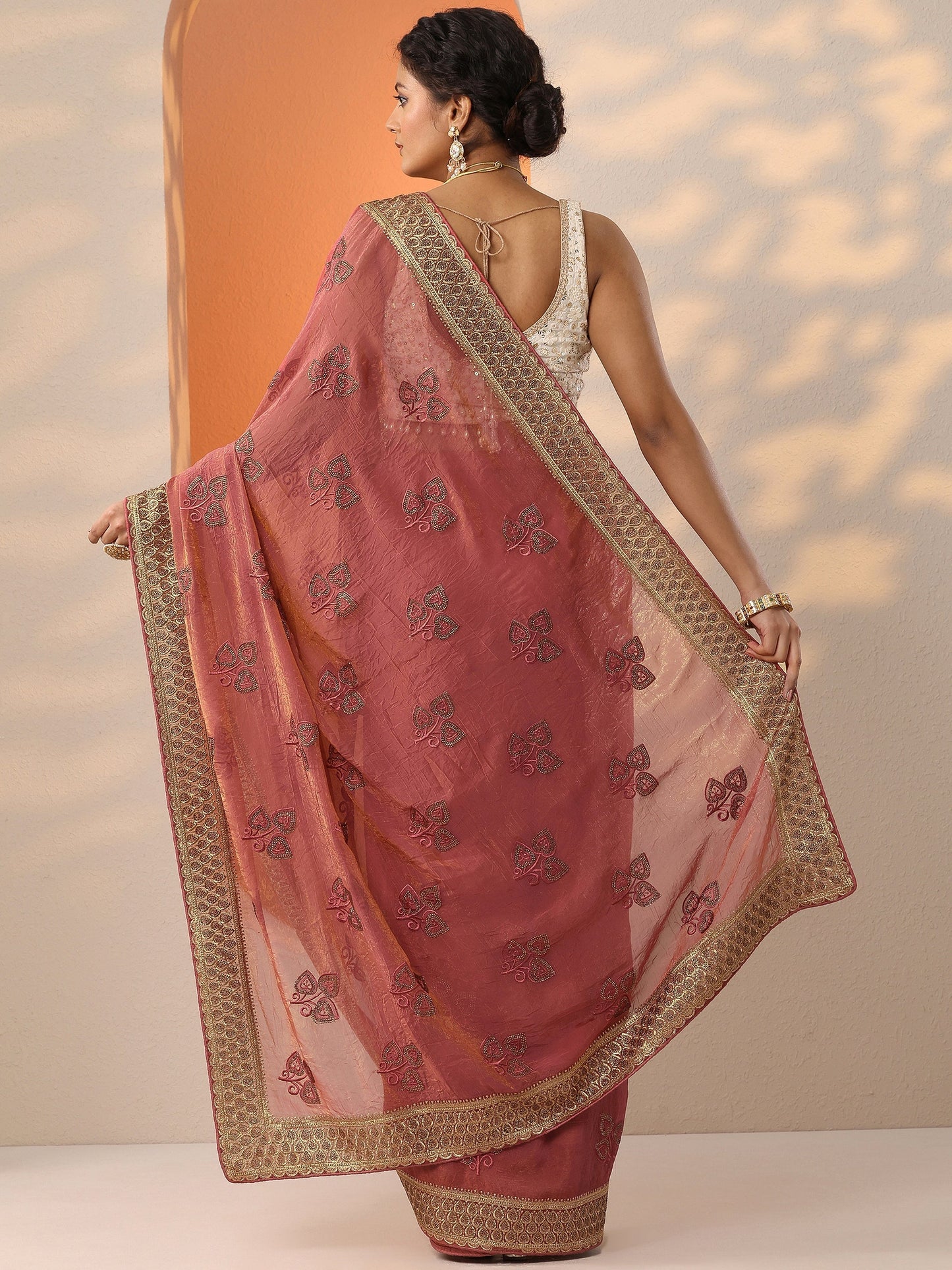 Coral Embroidered Chinon Saree With Unstitched Blouse Piece