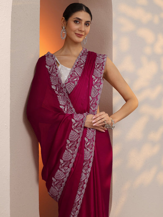 Pink Embroidered Chinon Saree With Unstitched Blouse Piece