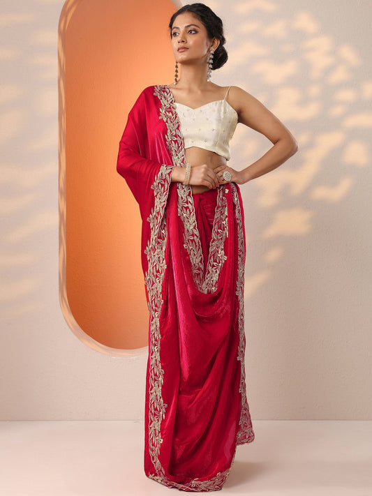 Red Embroidered Organza Saree With Unstitched Blouse Piece
