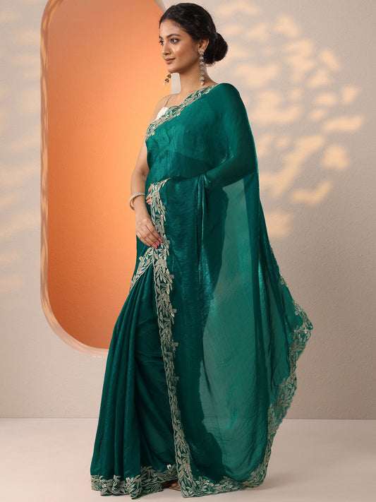 Green Embroidered Organza Saree With Unstitched Blouse Piece