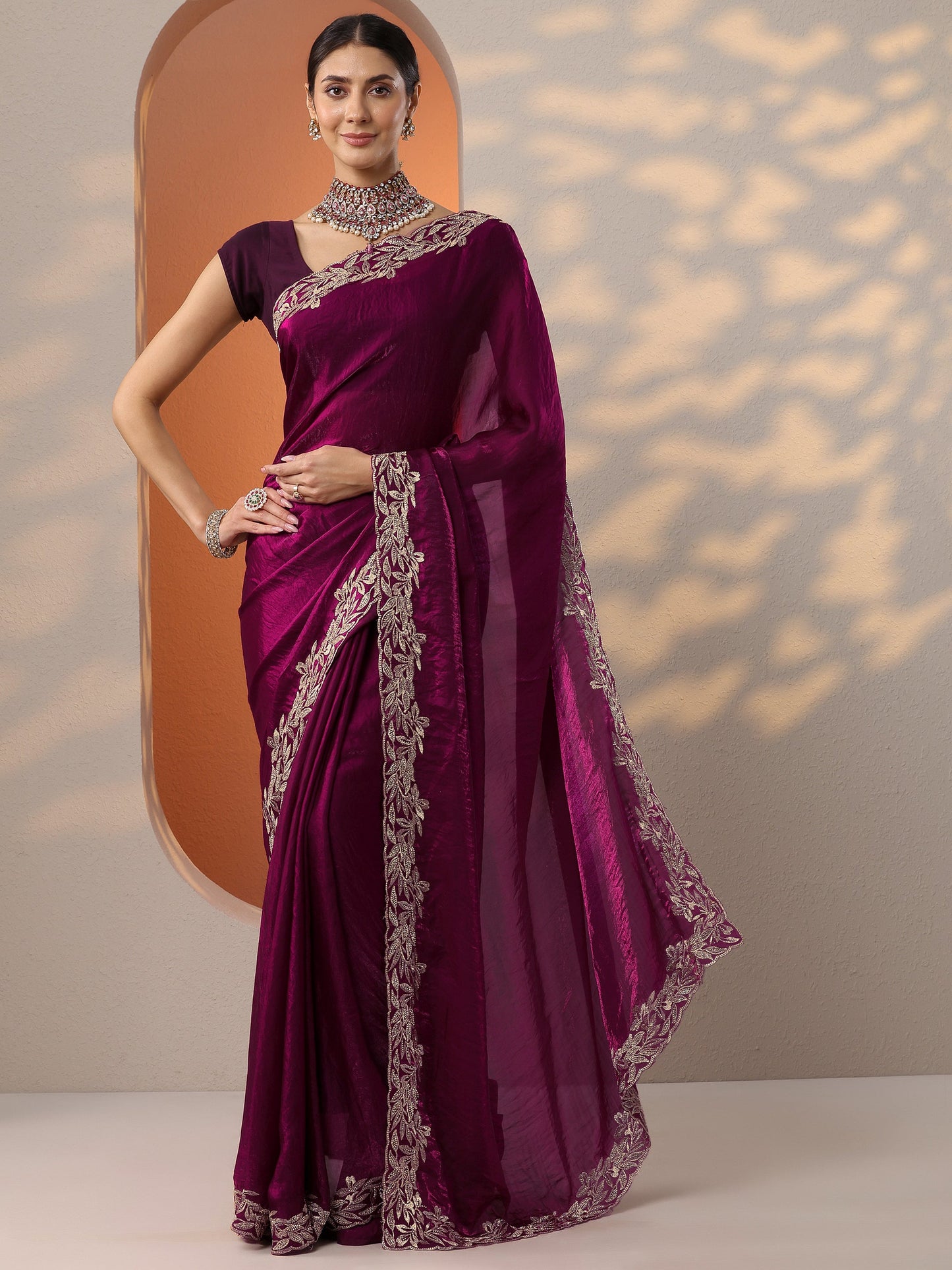 Maroon Embroidered Organza Saree With Unstitched Blouse Piece