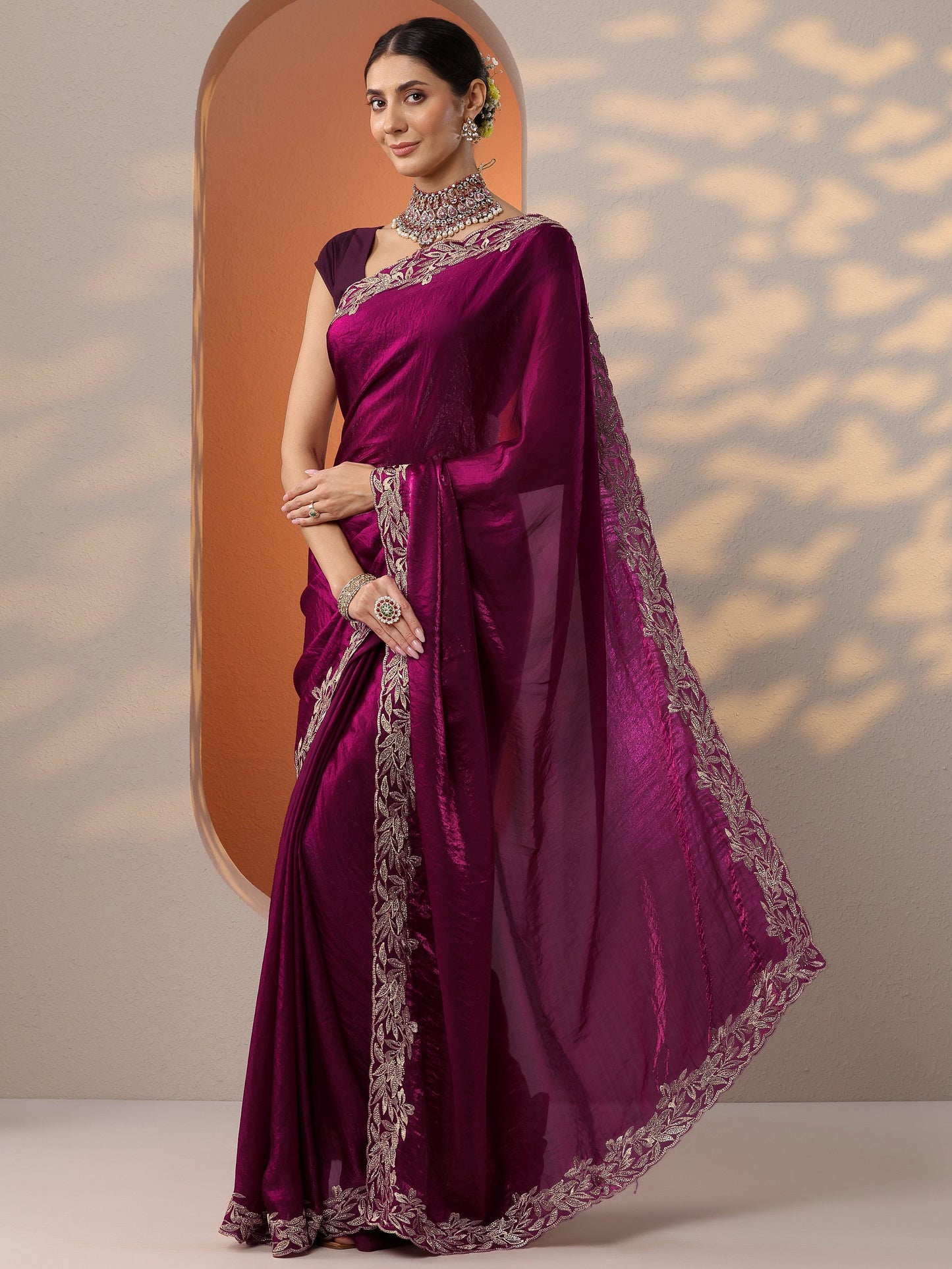 Maroon Embroidered Organza Saree With Unstitched Blouse Piece