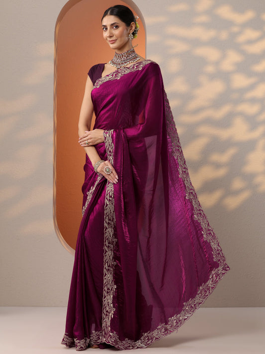 Maroon Embroidered Organza Saree With Unstitched Blouse Piece