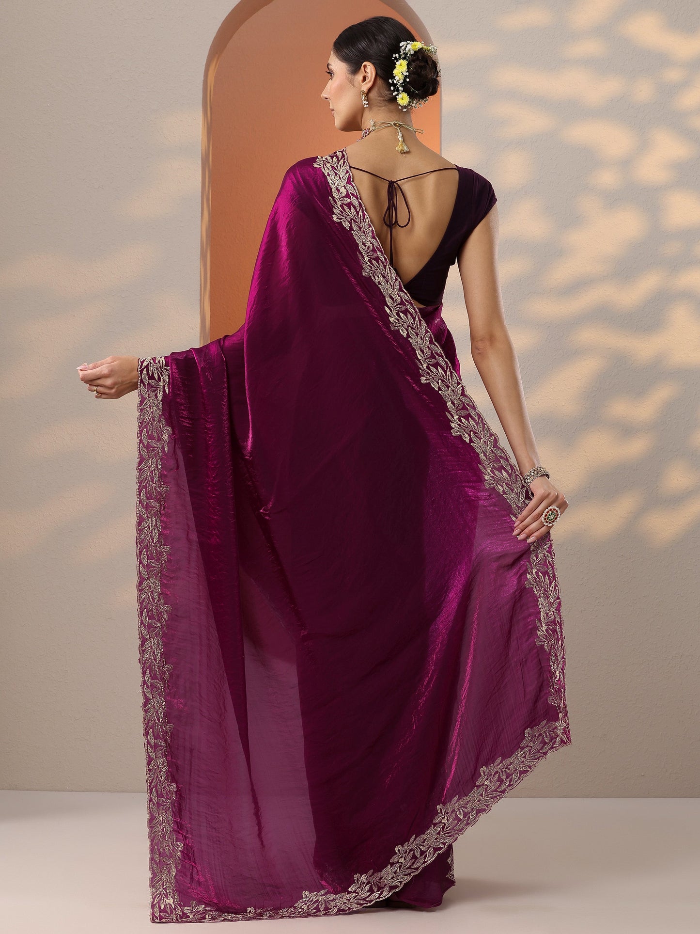 Maroon Embroidered Organza Saree With Unstitched Blouse Piece