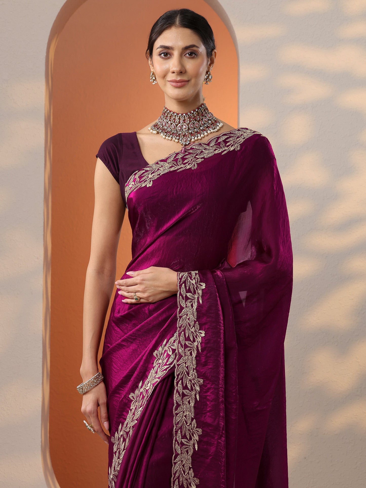 Maroon Embroidered Organza Saree With Unstitched Blouse Piece