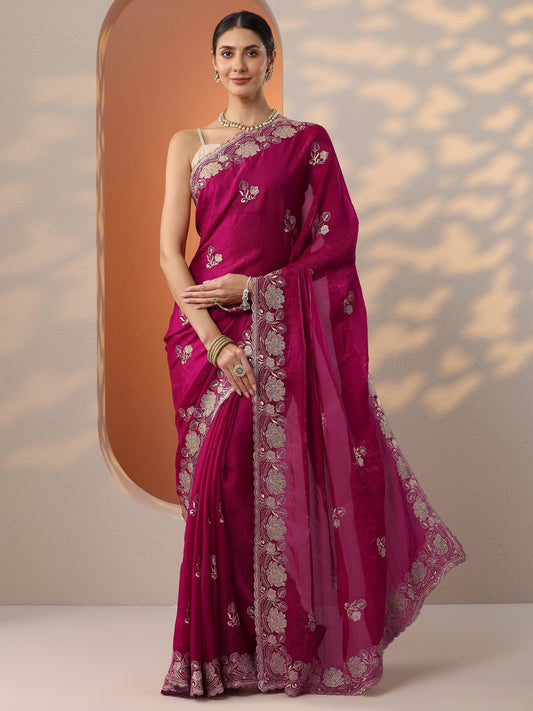 Pink Embroidered Organza Saree With Unstitched Blouse Piece