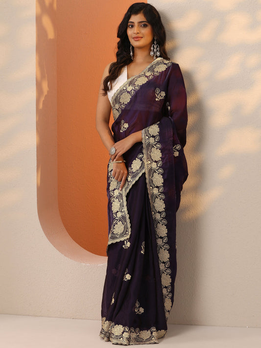 Purple Embroidered Organza Saree With Unstitched Blouse Piece