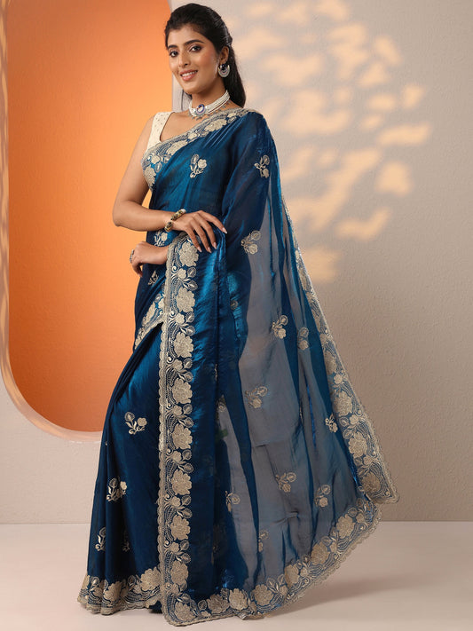 Navy Blue Embroidered Organza Saree With Unstitched Blouse Piece