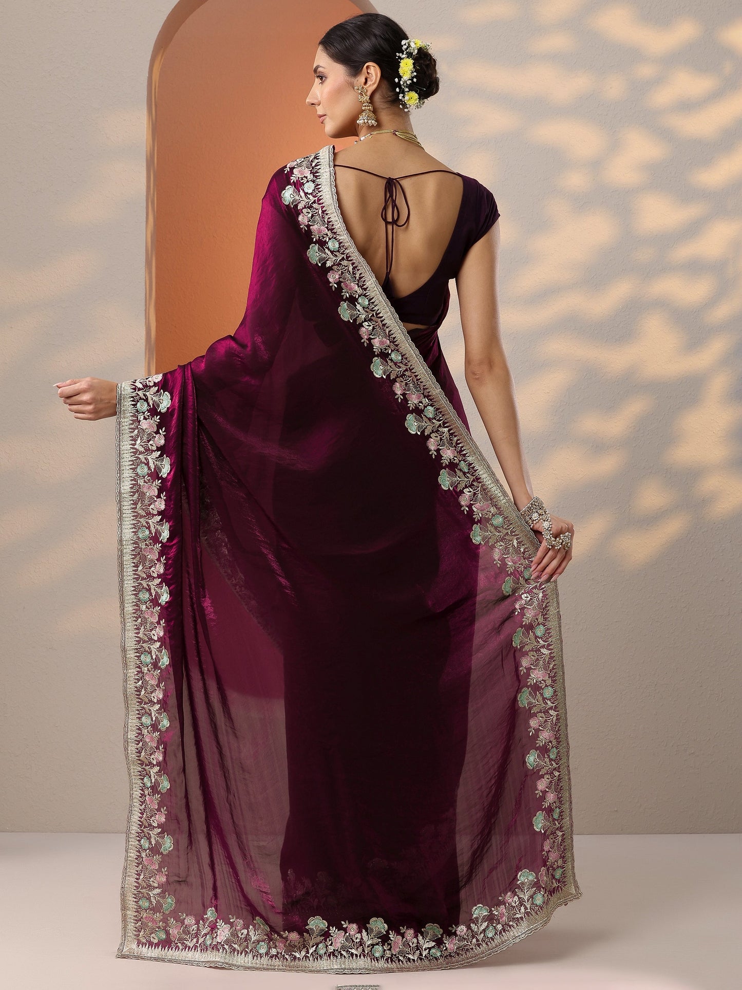 Burgundy Embroidered Organza Saree With Unstitched Blouse Piece